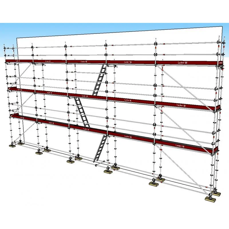 Lot Layher Universel acier 131m : Longueur travail 16,35m x Hauteur travail 8m, garde-corps moises